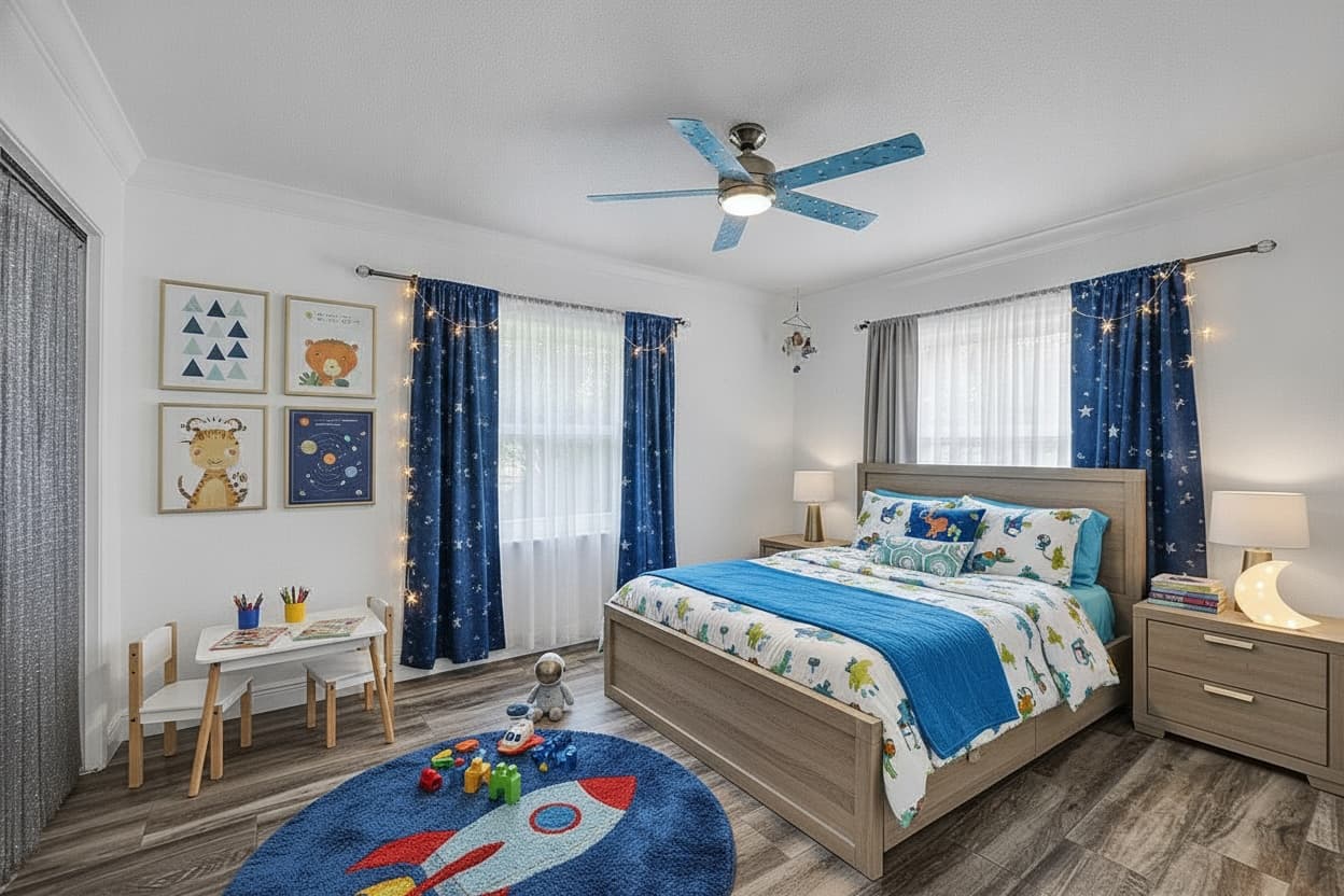 Bedroom virtually staged in a Scandinavian style